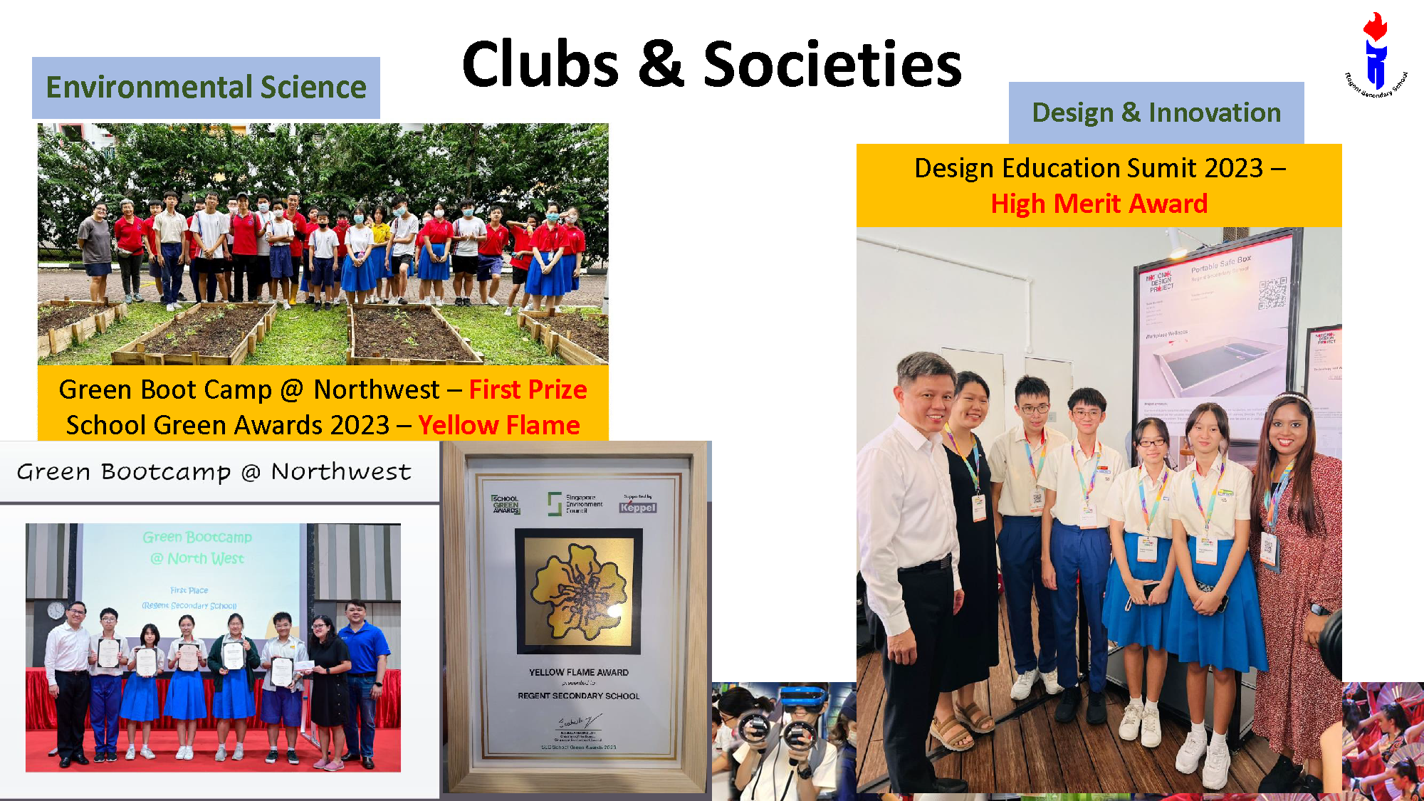 Slide titled Clubs and Societies showing students winning Environmental Science and Design Innovation awards in 2023.